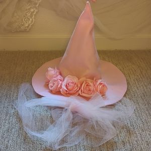 Handmade pink floral witch hat with tulle
